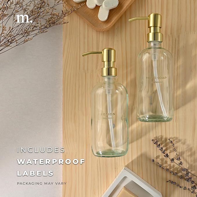 MaisoNovo Soap Dispenser 2-Piece Set | 16.9oz Clear Bottles with Gold Stainless Steel Pump Core
