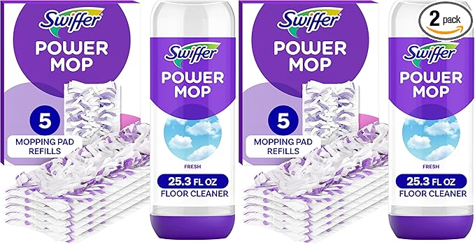 Swiffer Power Mop Refill Pack, Floor Cleaner for Mopping Tile, Vinyl, Laminate, Wood in Home, Bathroom, Kitchen, All Purpose Multi-Surface Cleaning, 5 Pads + 1 Lavender Solution (Pack of 2)