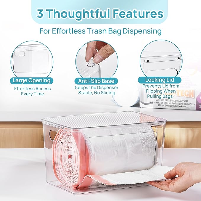 Vtopmart 1 Pack Trash Bag Holder, Stackable Garbage Bag Dispenser for 13/30/33 Gallon Bags, Clear Organizer Bins for Under Kitchen Sink, Laundry Room Organization and Storage