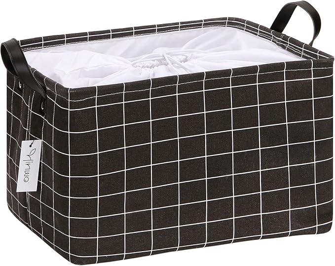 Hinwo Large Canvas Fabric Storage Basket with Handles, 33L/8.6-Gal Rectangle Bin, Collapsible Storage Box, Clothes, Toys, Blankets Organizer, 16.5 x 12 x 10 Inches (L, Black Grid)