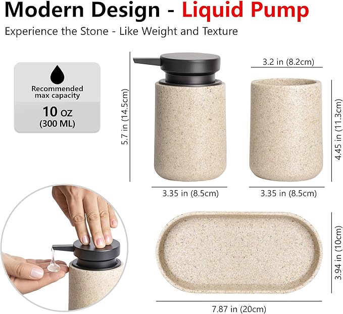 3 Pcs Bathroom Accessories Set, Liquid Soap Dispenser with Large Pump, Toothbrush Holder Cup and Soap Dish, Sandstone Texture Bathroom Counter Set for Modern Home (Beige)
