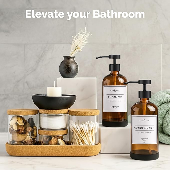 Vine Creations Amber Glass Soap Dispenser Set - Kitchen Soap Dispenser Set with Stainless Steel Pump - 16 oz Dish Soap and Hand Soap Dispensers for Bathroom with Silicone Pad & Waterproof Labels