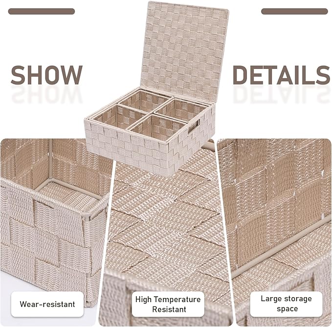 Storage Bins Woven Organizer with Lids Set of 8 – Polypropylene Storage Baskets with Metal Frame, Stackable Fabric Boxes for Drawers, Closet, Shelf, Nursery and Office, Beige