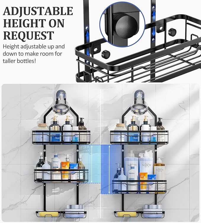 OMAIRA Shower Caddy Organizer Hanging, Adjustable Stainless Steel No Drilling Non-Slip Bathroom Caddy Organizer Storage Shelves for Inside Bath Over Shower Head Rack Holder, Black