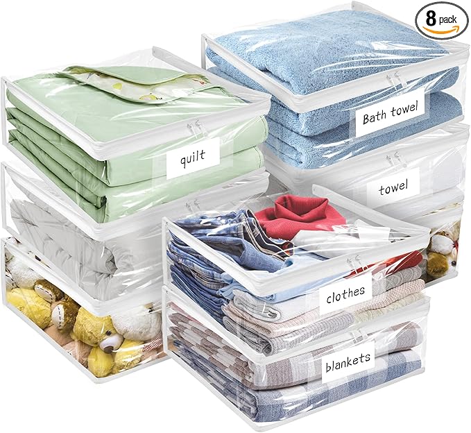 Plastic Storage Bags with Easy-Glide Zipper, Pack of 8, Durable Clear Vinyl Zippered Storage Bags for Clothes Sweaters Comforters Blankets Sheets Bedding (15.7 x 13.8 x 3.9 Inch)