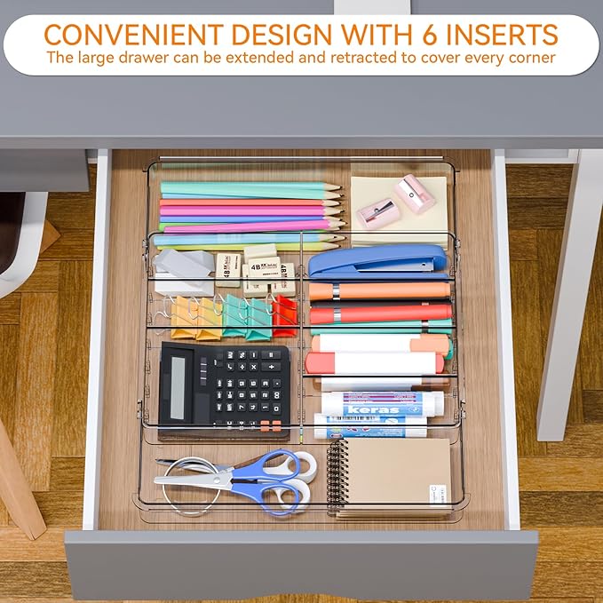 Yieach Expandable Desk Drawer Organizer Tray,1.8 Inch High Junk Drawer Organizer for Kitchen,Clear Shallow Office Drawer Organizers With 10 Compartments for Pencil,Pen,Office Supplies and Accessories