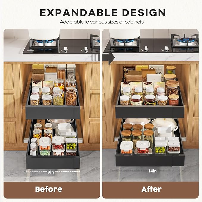 2 Pack Pull Out Cabinet Organizers 21" Deep With Raising Pad for Framed Cabinets, Expandable Width (9"-14") Slide Out Drawers Upgrade 3 Slide Rails, Roll Out Shelves Adhesive, Black