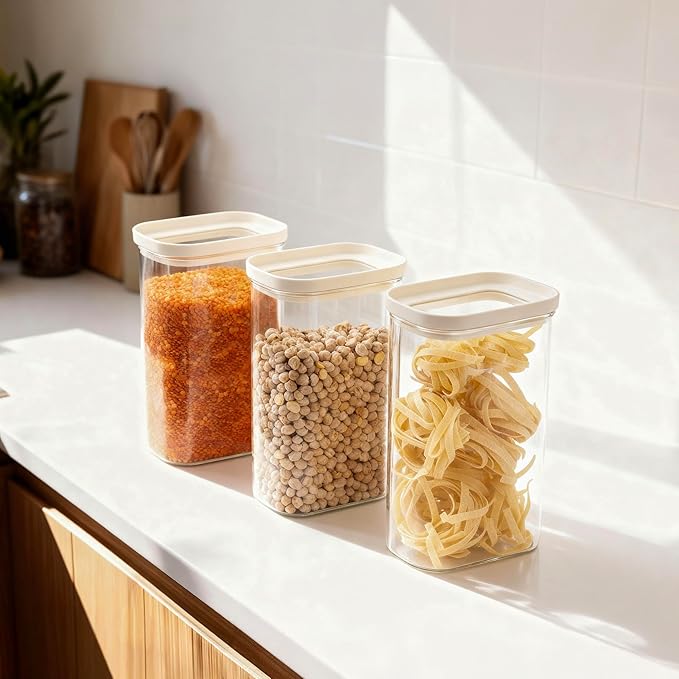 Urban Green Glass Food Storage Jar with Glass Lid in Ractangle Shape, Food Canister Set with Airtight Lids, Pantry Storage Jar for Kitchen Organization. Food Storage Containers in Pack of 3, 40oz.