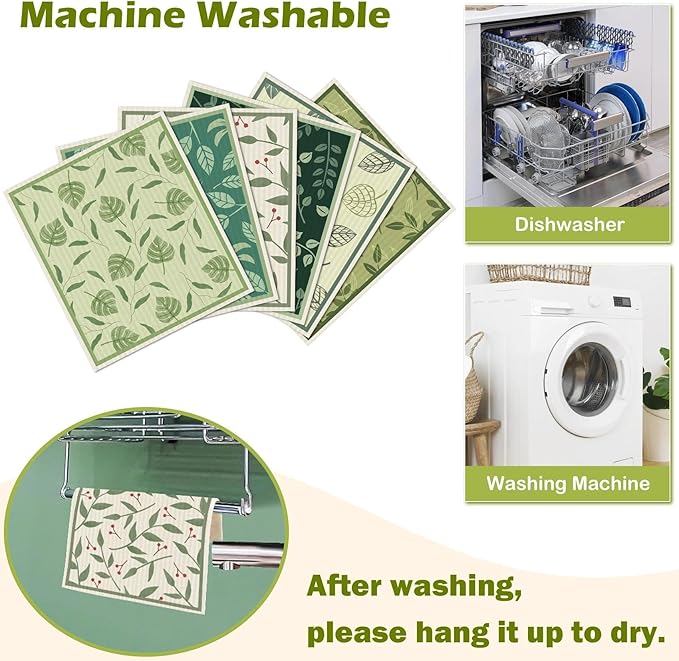 6 Packs Swedish Paper Cloths for Kitchen, Reusable Paper Towels Washable Dish Rags, Highly Absorbent Kitchen Towels Quick Drying Swedish Sponge Cleaning Dish Cloths (Plant Leaves)