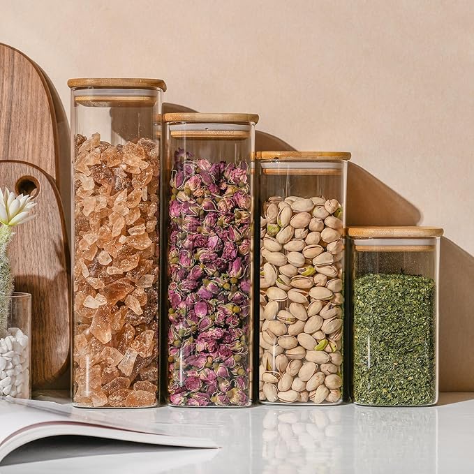 D2scrma 64oz Rectangle Airtight Glass Storage Containers with Bamboo Lids (Set of 4), Square Food Storage Jar, Pantry Organizers for Cereal, Flour, Pasta and Coffee beans (‎with Black Lable)