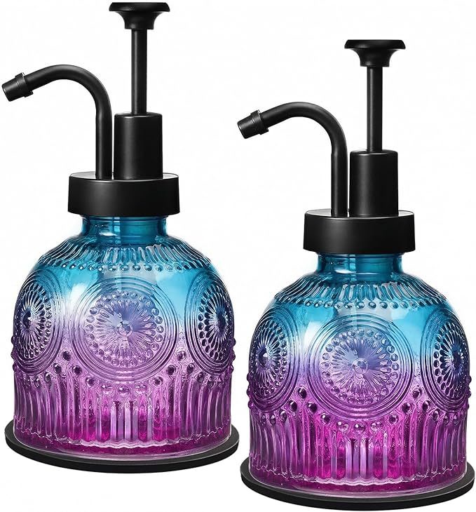 SheeChung Vintage Soap Dispenser, Kitchen Dish Soap Dispensers with Pump Mat, Glass Hand Soap Dispenser for Bathroom, Liquid, Lotion, Refillable, Rustic Farmhouse Decor-Purple Blue (Black Pump, 2 pk)