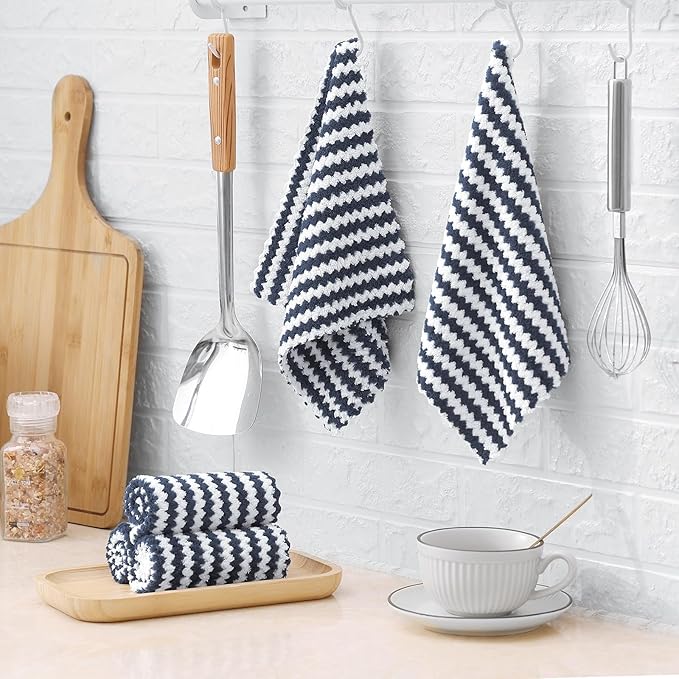 Homaxy 24 Pack Kitchen Dish Cloths, Ultra Soft and Absorbent Dish Towels, Reusable Fast Drying Microfiber Cleaning Cloth, Coral Velvet Wave Design No-lint, 10 x 10 inches, Dark Grey