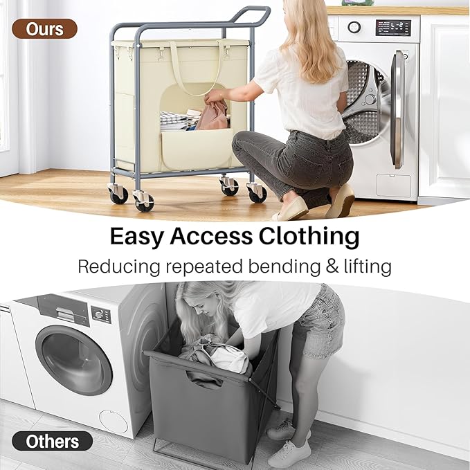Laundry Basket with Wheels,114L Large Rolling Laundry Hamper, Heavy-Duty Laundry Cart Sturdy Metal Frame with Handle, Minimizes Bending Easy Access Clothing for Bedroom, Bathroom, Laundry Room (Beige)