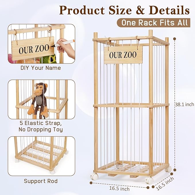Stuffed Animal Storage Zoo, Wooden Stuffed Animal Organizer with Removable Wheels & 5-Row Elastic Cords, Space-Saving Plush Toy Storage Holder for Playroom, Bedroom, Nursery