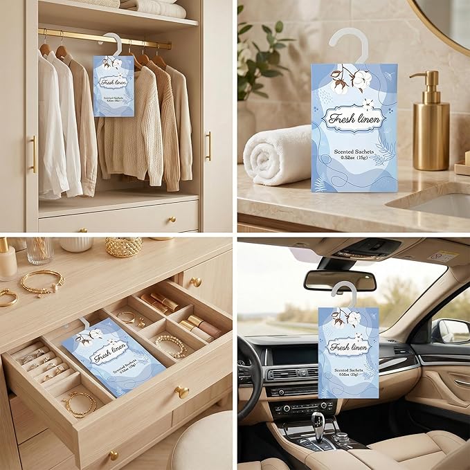 12 Packs Fresh Linen Hanging Scented Sachets for Drawers and Closets with Retractable Hook| Long-Lasting Closet Air Freshener & Closet Deodorizer | Closet Scent Freshener (Fresh Linen)