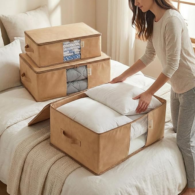 Cedar Storage Bag Organizer for Bedding Set - Protects from Moths, Moisture, Dirt & Dust - Set of 3 Storage Bags for Bed Sheets, Comforter, Pillows & More - Space-Saving Bedding Organizer, Beige