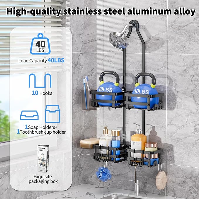 Aluminum Shower Caddy Hanging, Never Rust Shower Organizer- 4 Levels with adjustable Height 10 Hooks for Razor/Sponge - Rack with Soap Basket (Black-1)