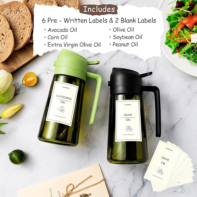 TrendPlain - Original 16oz/470ml Olive Oil Dispenser Bottle for Kitchen Gadgets and Air Fryer Accessories - Olive Oil Sprayer for Cooking w/Stickers - Black&White