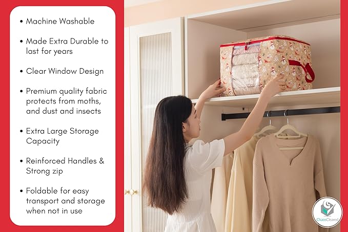 Chaos Cleared Canvas Storage Bags Designer Organizer 2 Pack – Seasonal Storage for Sweaters, Blankets, Linens & Garments – Foldable Design with Zip & Window, Moth-Proof Space Saver, Snowman Print
