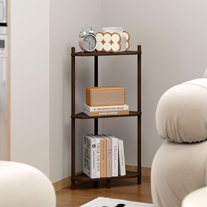 Corner Shelf Stand - 3 Tier Bamboo Small Corner Bookshelf for Office Kitchen Bedroom Plant Stand Living Room Decor Small Space (Brown，3 Tier)