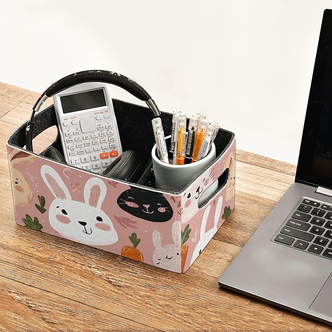Pink Cute Rabbit and Carrots Closet Storage Bins 2 Pcs Felt Open Home Storage Containers Organizer with Handles Collapsible Shelf Basket for Home Office Craft Room Classroom Fabric
