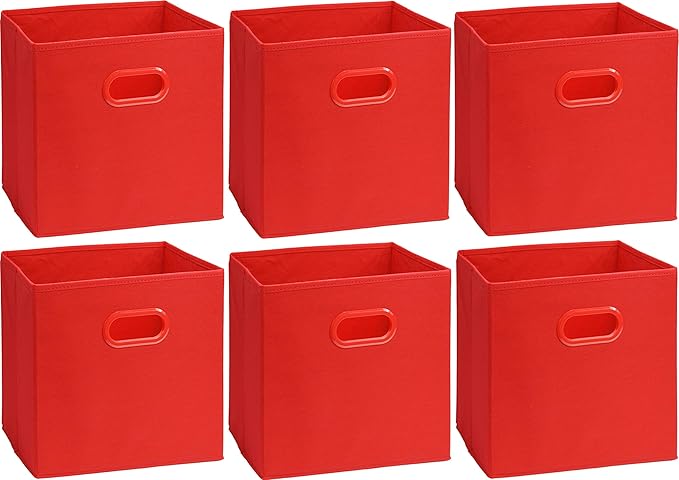 Simple Houseware Foldable Cube Storage Bins with Handles, 11-Inch, Red, 6-Pack, Fabric Cubes Organizer for Closet or Shelves