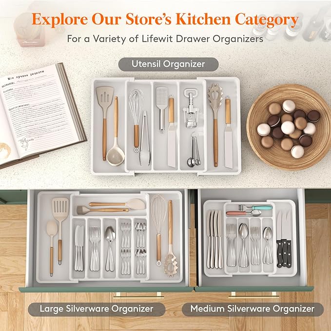 Lifewit Silverware Drawer Organizer, Expandable Utensil Tray for Kitchen, BPA Free Flatware and Cutlery Holder, Adjustable Plastic Storage for Spoons Forks Knives, 8.9-14.7 x 12.2", White