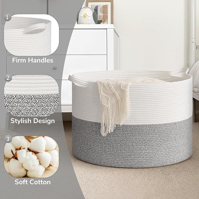 Goodpick Blanket Basket, 23.5'' x 15.8'' Cotton Rope Blanket Basket Living Room, Toy Organizers and Storage with Handles for Kids, 115L Grey
