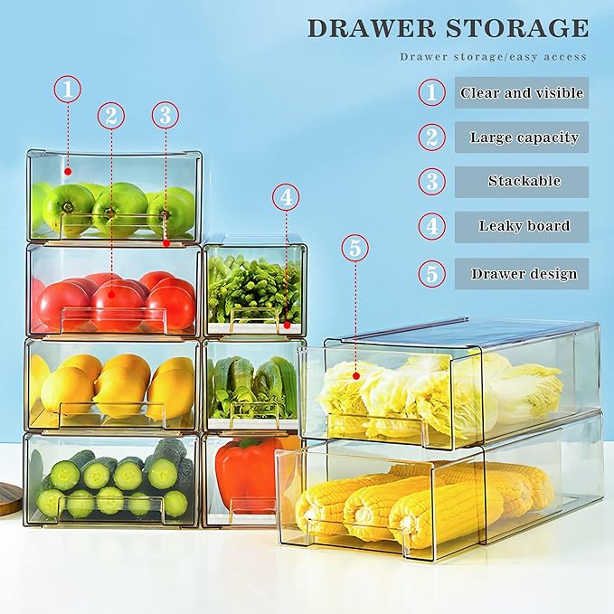 2 Pack Stackable Refrigerator Drawers Pull Out Bins Clear Fridge Drawer Organizer Food Storage Containers Plastic Veggie Fruit Produce Saver for Pantry Kitchen Freezer(M)