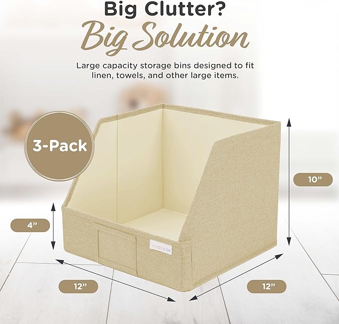VIVIDECOR Trapezoid Storage Bins – 3-Pack Closet Shelf Organizer & Baskets, Open Front Bin for Shelves, Foldable Fabric Basket for Clothes, Cube Storage Bins, Towel, Clothing Shelf (Beige, 3 Pack)