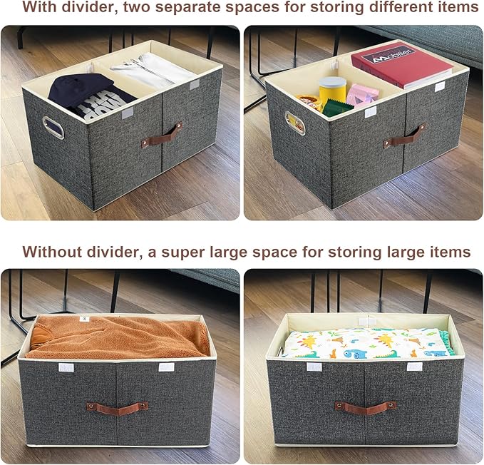 TYEERS Extra Large Collapsible Storage Bins with Lids and Compartments, Washable, Fabric Storage Boxes, 21.7x13x11.8 inches, 2 Pack, Black