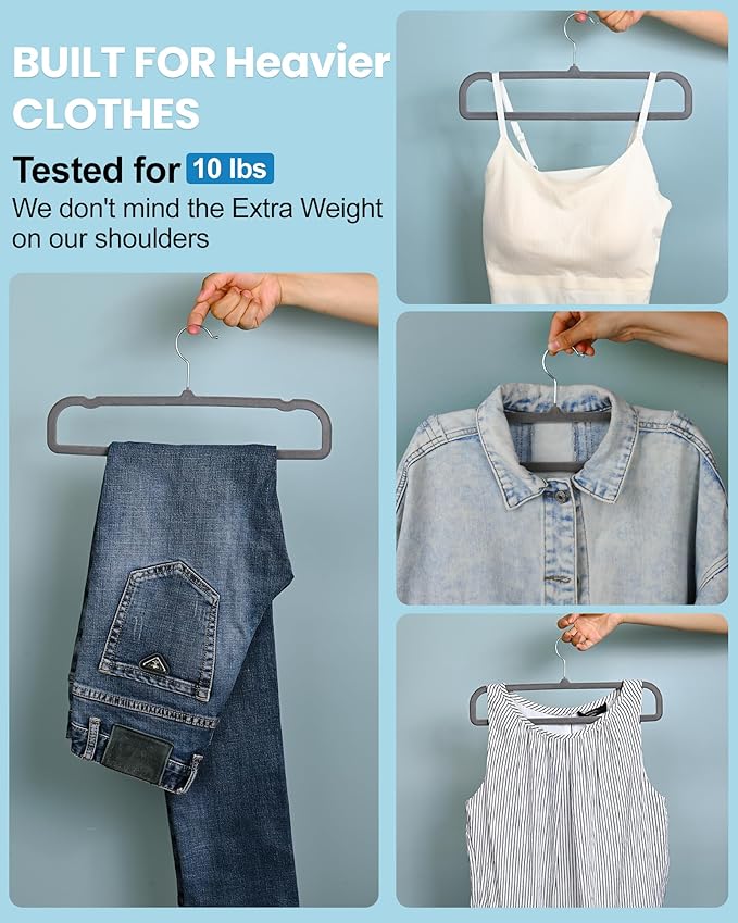Velvet Hangers Non Slip - 20 Pack Pants Hangers for Closet - Thin Space Saving Clothes Hanger - Strong, Durable, Jean Perchas with 360 Degree Rotatable Hook for Tank Top (Grey Silver Hook)