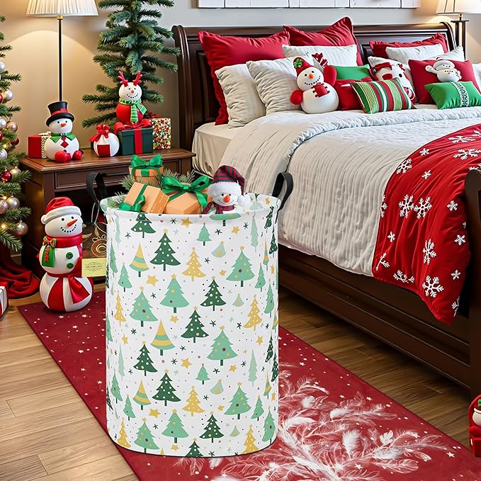 HUNRUNG Laundry Hamper,Large Canvas Fabric Lightweight Storage Basket Toy Organizer Dirty Clothes Collapsible Waterproof for College Dorms（Round-Green tree）