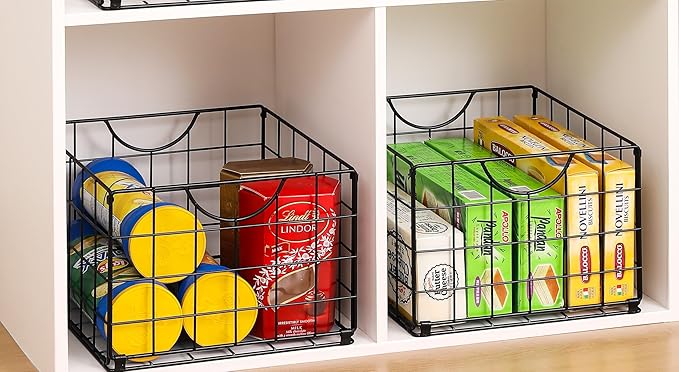 Metal Wire Basket Organizer Foldable Set of 6, Food Storage Mesh Bin with PVC Sheet, Freezer Organizer Bins for Pantry Closet Bathroom-Black