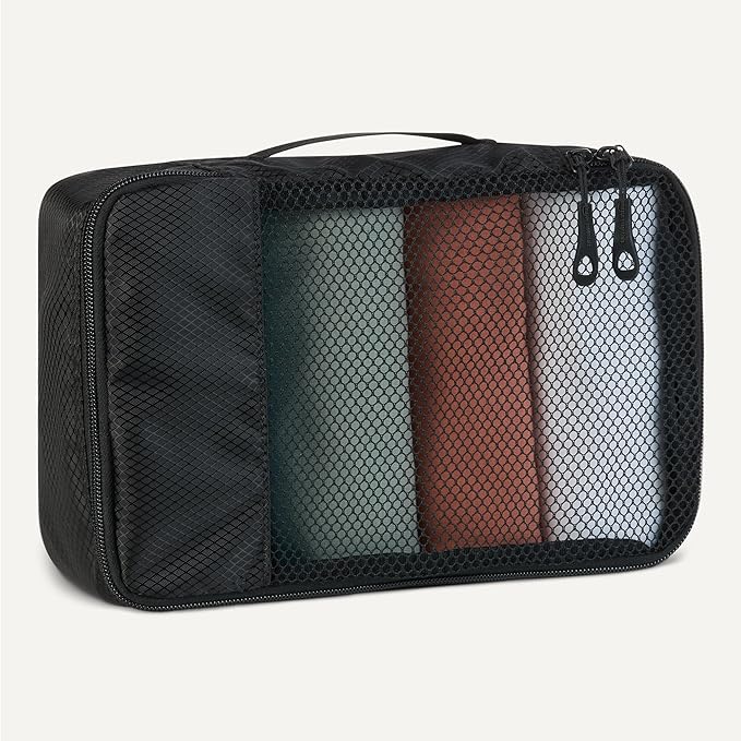 Amazon Essentials 4-Piece Packing Cubes Travel Accessories Set, Luggage Organizer with Double Zipper, Mesh Top, 100% Polyester, Small, Black (Previously Amazon Basics)