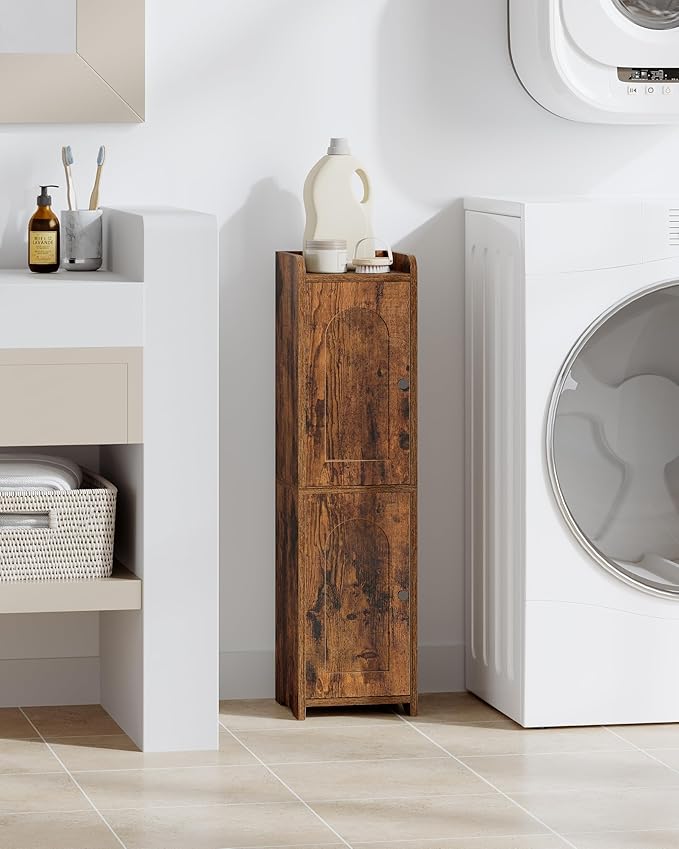 Bathroom Storage Cabinet, Small Corner Floor Cabinet with 2 Doors and Adjustable Shelf, Narrow Toilet Paper Cabinets, Bathroom Organizer for Small Spaces, 7.9"D x 7.9"W x 29.5"H Rustic Brown
