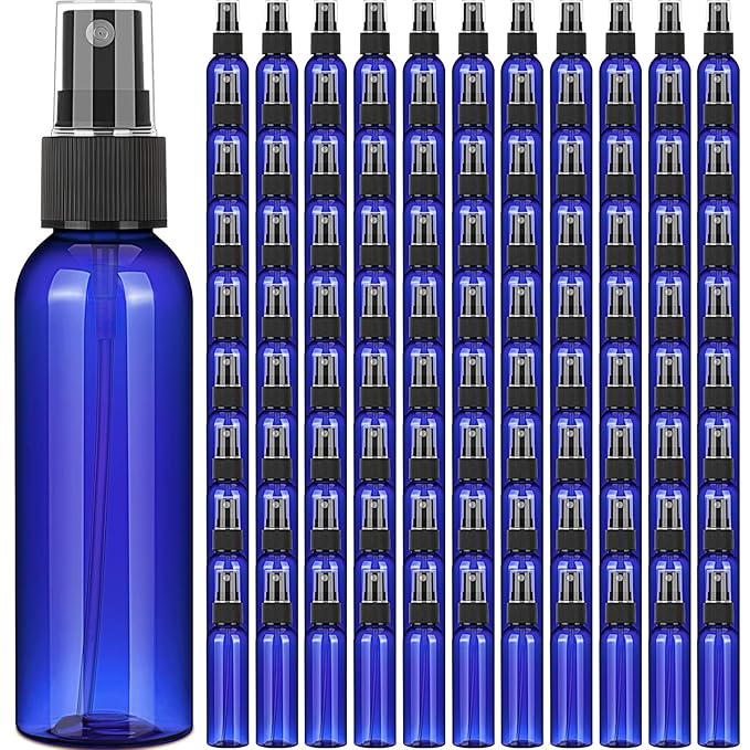 Nuogo 100 Pack 2 Oz Plastic Spray Bottles Reusable Mini Travel Size Perfume Refillable Mist Sprayer Empty Spritz Bottle for Household Use Essential Oil Cleaning(Blue)
