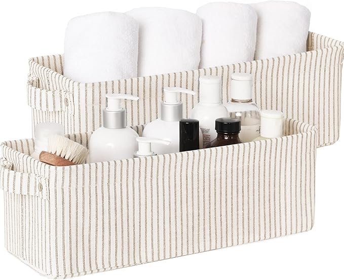 StorageWorks Narrow Storage Bins, Small Basket for Closet and Shelves, Fabric Organizer with Handles, Toilet Paper Storage, Khaki and Beige Stripes, 2-Pack