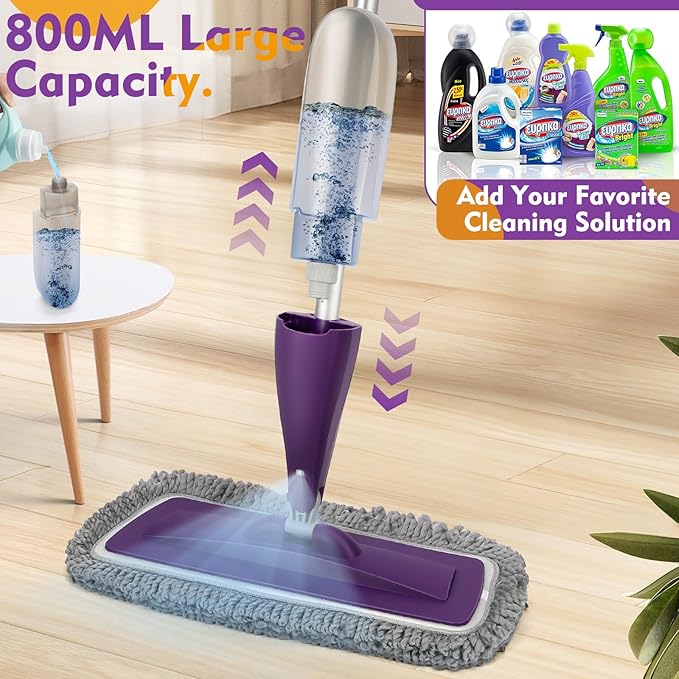 Spray Mop for Floor Cleaning with Washable Pads, Microfiber Wet Mops with 800 ml Refillable Bottle,Reusable Dust Mops with Sprayer for Hardwood Laminate Vinyl Tile Cleaning (Purple, 800 ML)