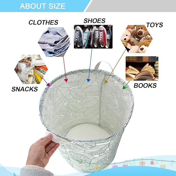 Mziart Large Foldable Laundry Basket Organizer, Collapsible Laundry Hamper Fabric Clothes Toy Storage Basket Nursery Hamper Storage Bin for Household Bedroom, Bathroom, College Dorm (Big Green Leaf)