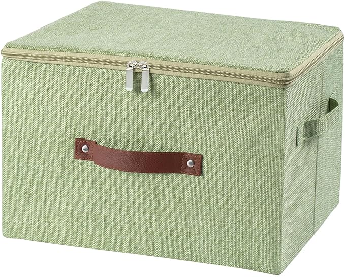 Storage Bins with Zipper Lid Foldable Fabric Lidded Storage Boxes Baskets Cubes Washable Collapsible PU Leather Handle Cotton Linen Fabric Shelf Closet Organizer Container(Green, Large Size)