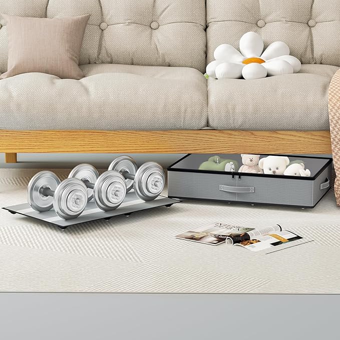 EE-RoomWorld Under Bed Storage with Wheels, No Assemble Required 5.5 inches height grey under bed storage bins,Low Profile Rolling Underbed Shoe Storage containers，dorm underbed storage drawers