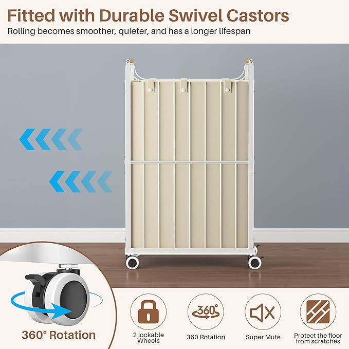 Laundry Hamper with Wheels,Laundry Basket with Wooden handle, Laundry Sorter with Removable Liner Bag,Suitable for Laundry Room, Bedroom,Bedroom(Beige, 78L)