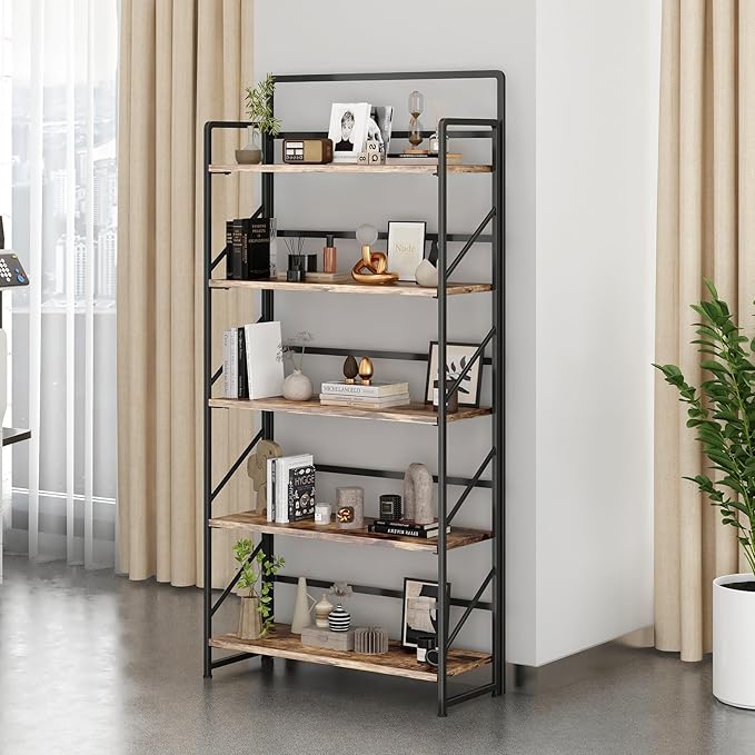 JSB Folding Bookshelf,Industrial Storage Shelves, No Assembly Vintage Wood Look Bookshelf with Storage Shelves for Living Room, Bedroom, Office (Fire Brown, Wide 5-Tier)