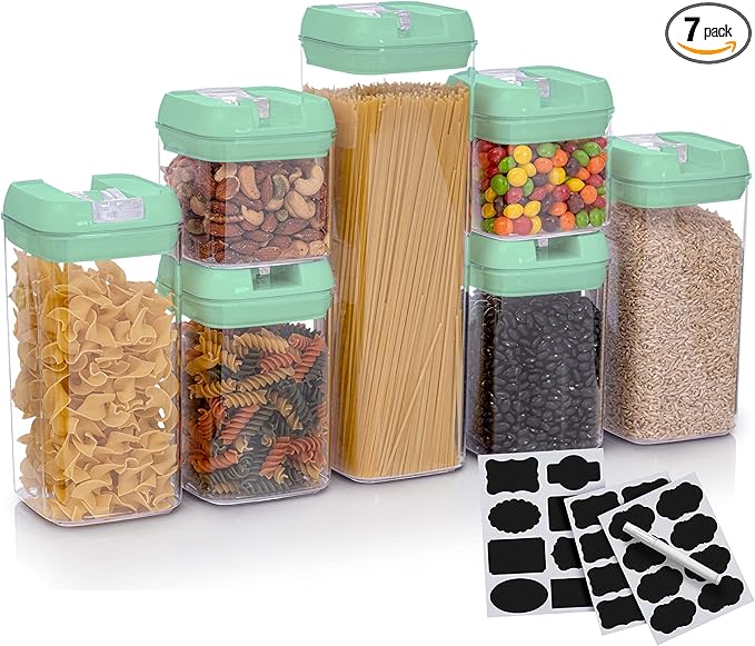 Set of 7 Airtight Food Storage Containers - Pantry Organizer Bins, BPA Free Plastic Containers plus Dry Erase Marker and Labels, Mint Green