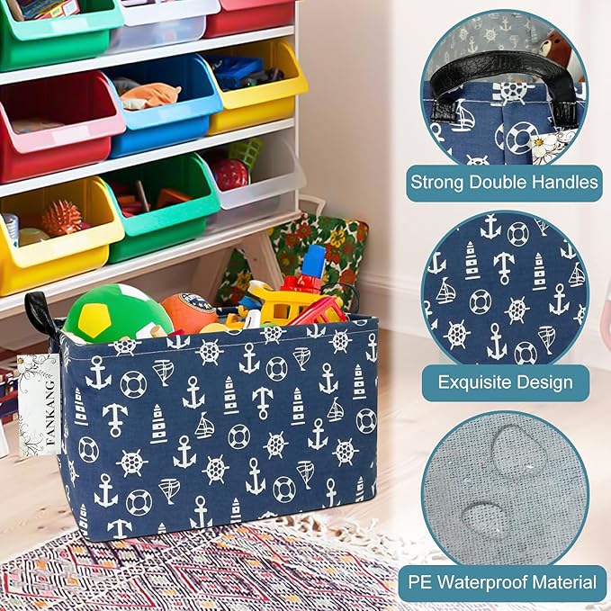 FANKANG Storage Basket,Nursery Hamper Canvas Laundry Basket Foldable with Waterproof PE Coating Storage, Office, Bedroom, Clothes,Toys (Rec-Sailboat)