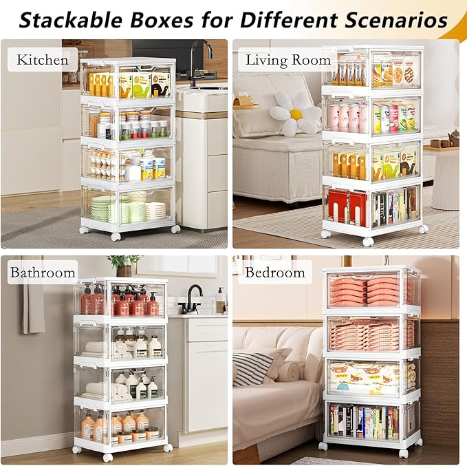 SNSLXH Portable Clear Storage Bins with Lid & Wheels, 24QT Clear Storage Bins with Lid, 4-Tier Plastic Bins with Wheels, Stackable, Magnetic Doors, for Bedroom, Living Room, Office
