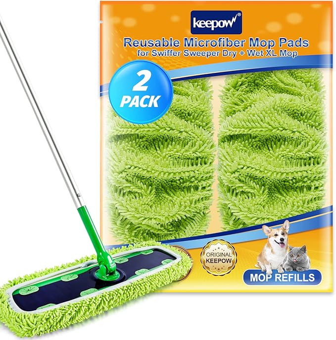 KEEPOW Reusable XL Wet Pads Refills for Swiffer XL Mop Sweeper, X-Large Dry-Sweeping / Wet-Mopping Microfiber Cloths for Surface/Hardwood Floor Cleaning, 2 Pack