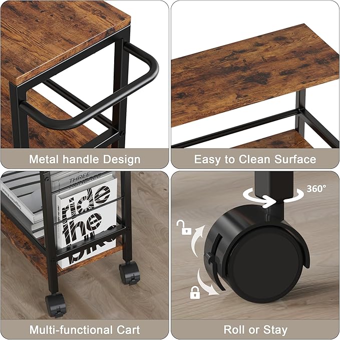 Narrow Storage Cart with Wheels, 4-Tier Narrow Kitchen Carts Slim Rolling Cart, Skinny Storage Cart, Snack Cart Slim Laundry Carts with Handle for Livingroom, Diningroom, Office（Rustic Brown, Black）