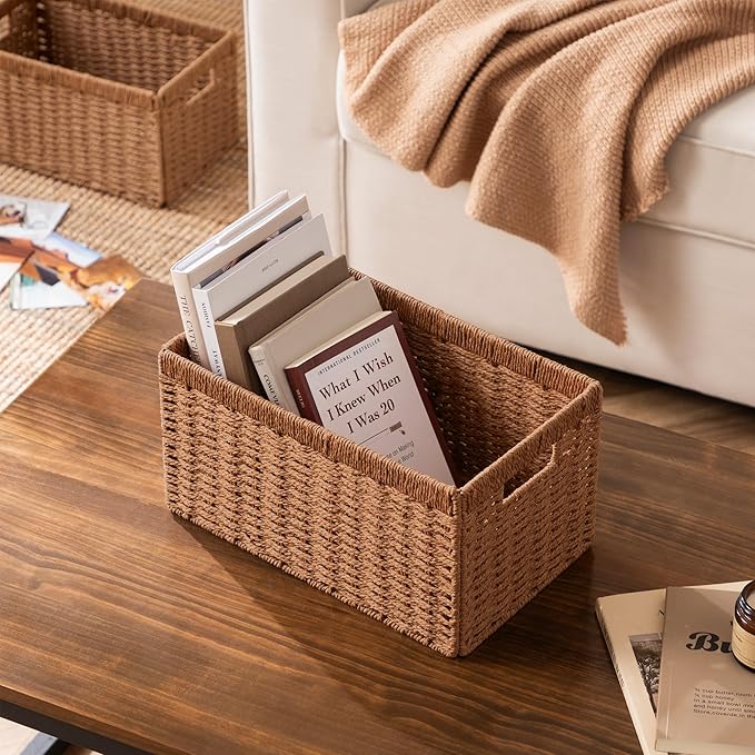 UBBCARE 4 Pack Wicker Basket, 13.4L×8.3H×7.1W inch Woven Paper Rope Storage Baskets for shelves, Foldable Rectangular Storage Baskets with Handle, Storage Basket for Organizing, Caramel